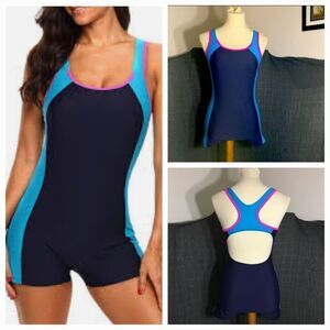 Attraco Boy Shorts Blue One Piece Color Block  Swimsuit Size Small